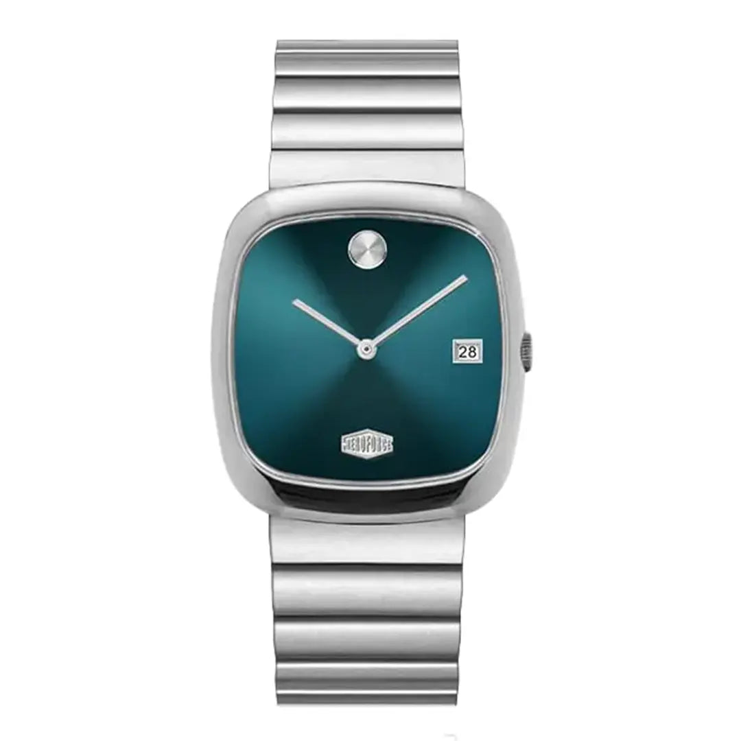 teal dial, cushion case, steel bracelet