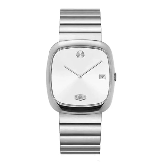 silver dial, cushion case, steel bracelet
