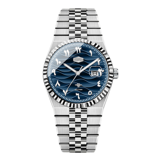 Silver watch with a blue face on a white background