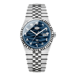 Silver watch with a blue face on a white background