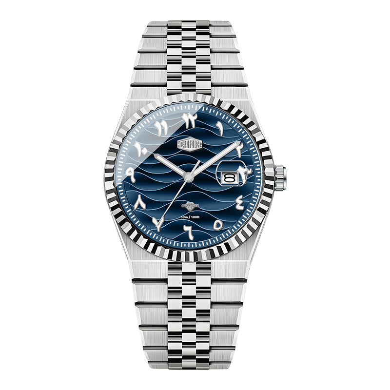 Silver watch with a blue face on a white background