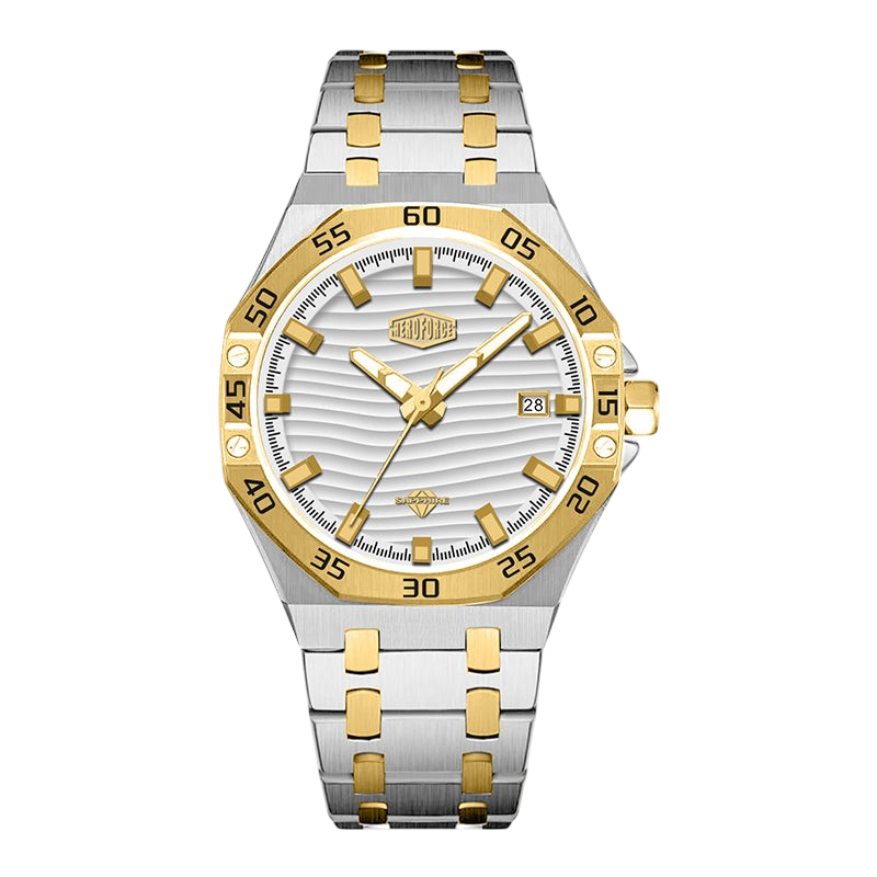 white wavy dial, gold accents