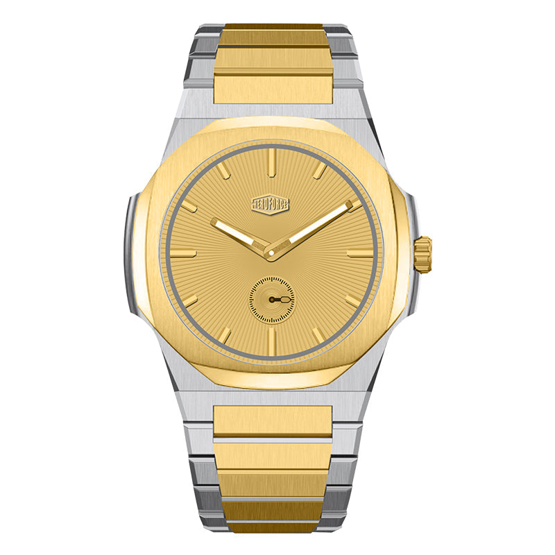 two-tone watch, gold dial, sunburst