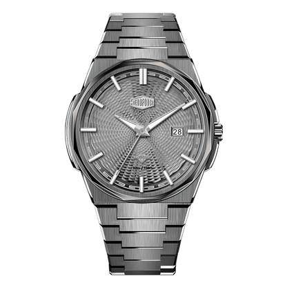 Silver AEROPACE wristwatch with metallic bracelet, textured circular dial, silver markers and hands, date window at 28, brushed steel finish, water‑resistant.