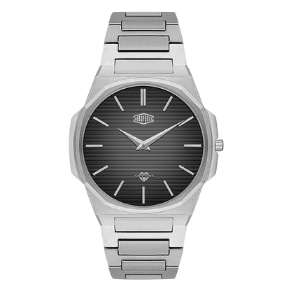 black dial all-silver watch