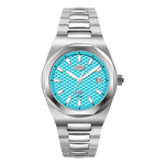 Silver watch with a blue face on a white background