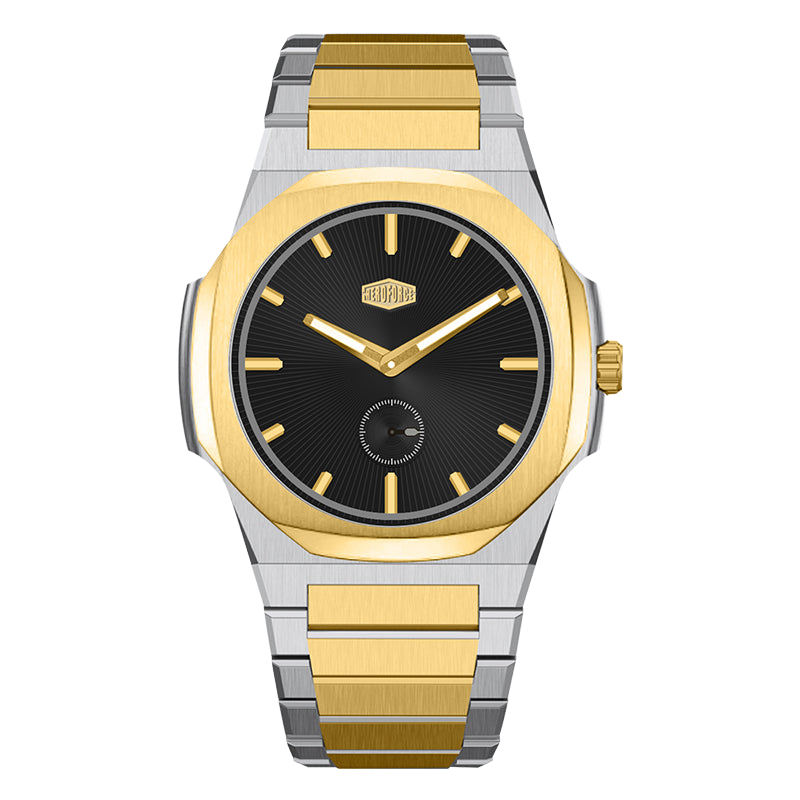 Silver and Gold Stainless Steel Watch with Black Dial and Small Seconds