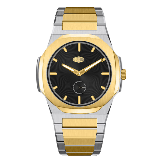 Silver and Gold Stainless Steel Watch with Black Dial and Small Seconds