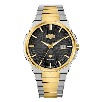Silver and Gold Stainless Steel Watch with Black Textured Dial