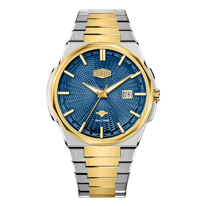 Silver and Gold Stainless Steel Watch with Blue Textured Dial