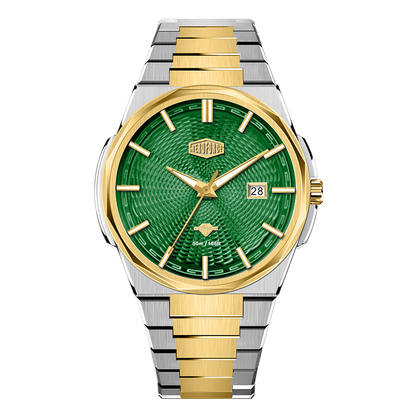 Silver and Gold Stainless Steel Watch with Green Textured Dial