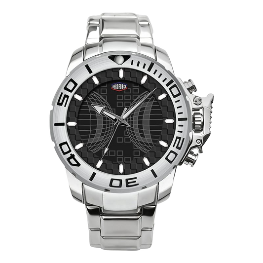 Silver wristwatch with black dial on a transparent background