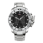 Silver wristwatch with black dial on a transparent background
