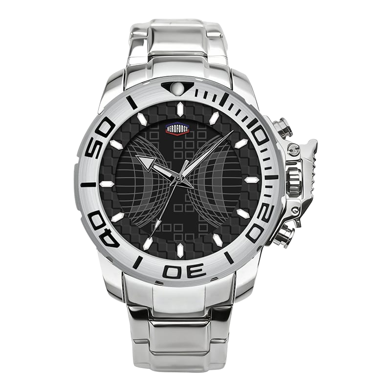 Silver wristwatch with black dial on a transparent background