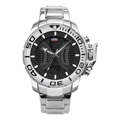 Silver wristwatch with black dial on a transparent background