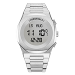 Silver digital wristwatch with rectangular case, metallic silver band, and three side buttons.
