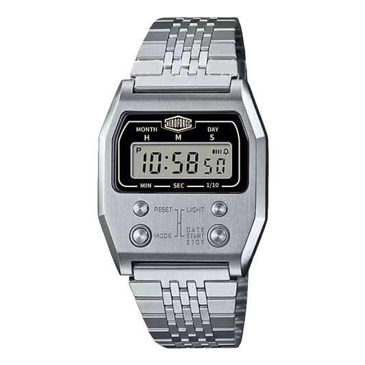 Silver digital wristwatch with rectangular face, segmented silver band, and slim bezel.