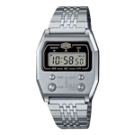 Silver digital wristwatch with rectangular face, segmented silver band, and slim bezel.