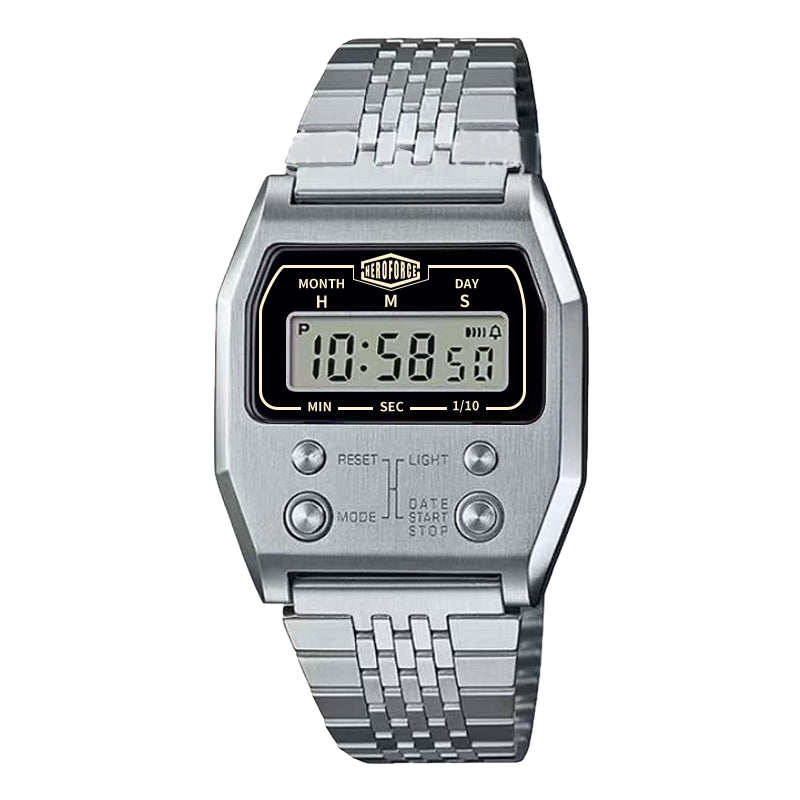 Silver digital wristwatch with rectangular face, segmented silver band, and slim bezel.