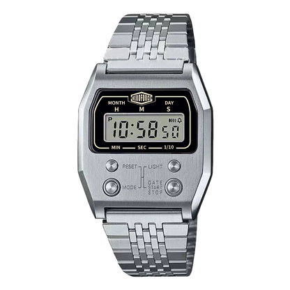 Silver digital wristwatch with rectangular face, segmented silver band, and slim bezel.