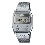 Silver digital wristwatch with rectangular face, link-style band, and four round buttons on the front.