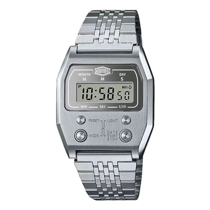 Silver digital wristwatch with rectangular face, link-style band, and four round buttons on the front.