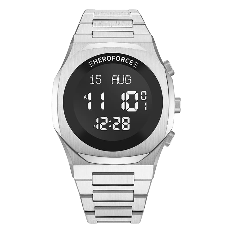 Silver digital wristwatch with round black display, metallic band, three side buttons