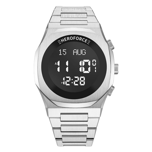 Silver digital wristwatch with round black display, metallic band, three side buttons