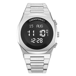 Silver digital wristwatch with round black display, metallic band, three side buttons