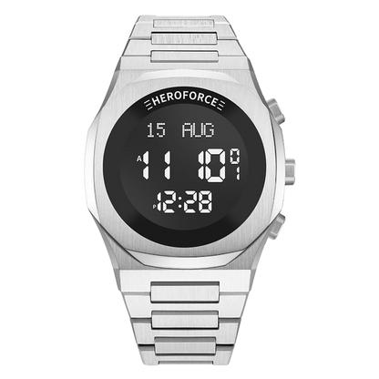 Silver digital wristwatch with round black display, metallic band, three side buttons
