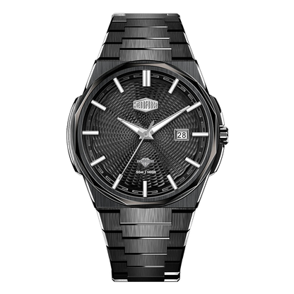 Silver metallic wristwatch with dark textured dial, silver hour markers, date window at 28, and HEROFORCE branding, modern brushed steel design.