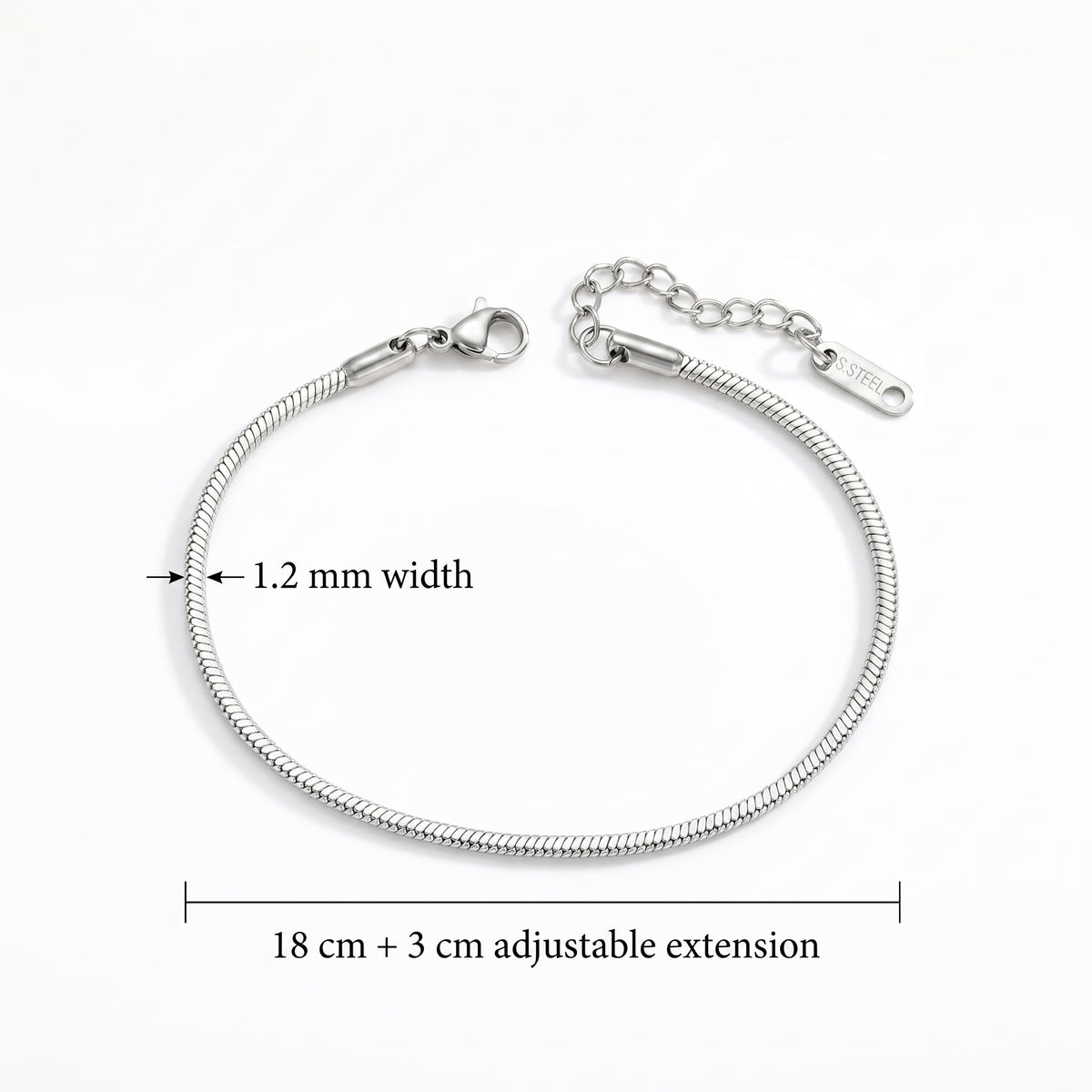 Silver snake chain bracelet with a lobster clasp and extension chain, shown on a white background with dimension labels indicating 1.2 mm width and 18 cm + 3 cm adjustable extension.