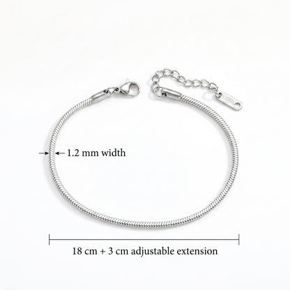 Silver snake chain bracelet with a lobster clasp and extension chain, shown on a white background with dimension labels indicating 1.2 mm width and 18 cm + 3 cm adjustable extension.