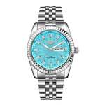 Silver stainless steel men’s watch with Tiffany blue dial, fluted bezel, and metal bracelet