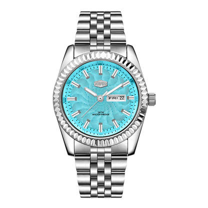 Silver stainless steel men’s watch with Tiffany blue dial, fluted bezel, and metal bracelet