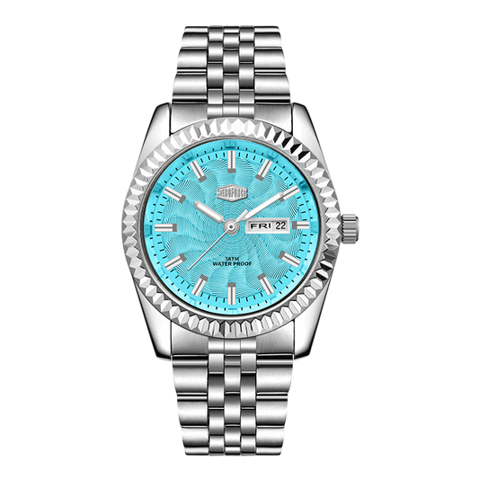 Silver stainless steel men’s watch with Tiffany blue dial, fluted bezel, and metal bracelet