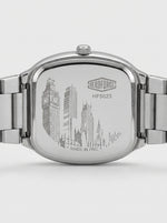 Silver stainless steel watch back with an engraved city skyline featuring Big Ben and London landmarks, with the HEROFORCE brand logo and model HF5023.