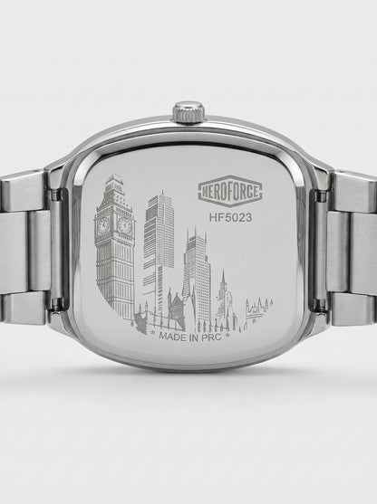 Silver stainless steel watch back with an engraved city skyline featuring Big Ben and London landmarks, with the HEROFORCE brand logo and model HF5023.
