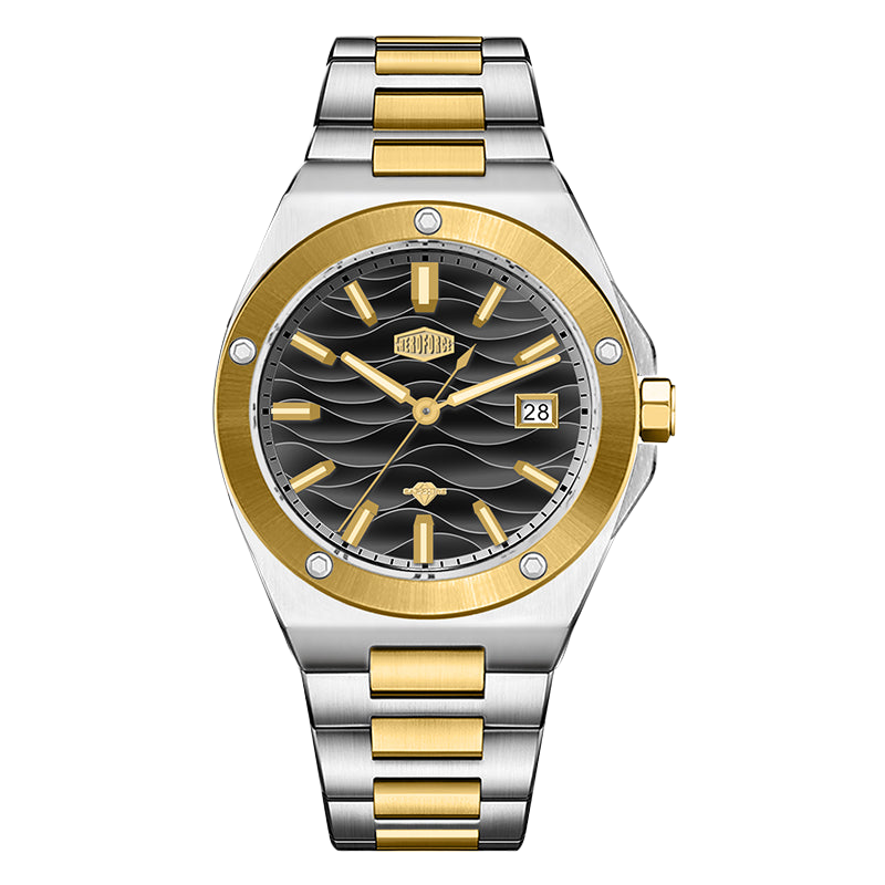 Silver stainless steel wristwatch with a black wave patterned dial, gold accents, and date display.
