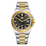 Silver stainless steel wristwatch with a black wave patterned dial, gold accents, and date display.