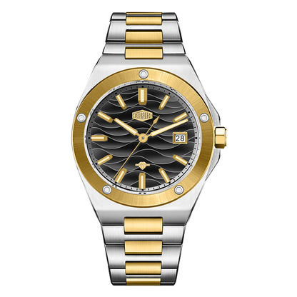 Silver stainless steel wristwatch with a black wave patterned dial, gold accents, and date display.