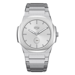 Silver stainless steel wristwatch with minimalist round dial, subtle sunburst finish, silver markers, and small seconds subdial