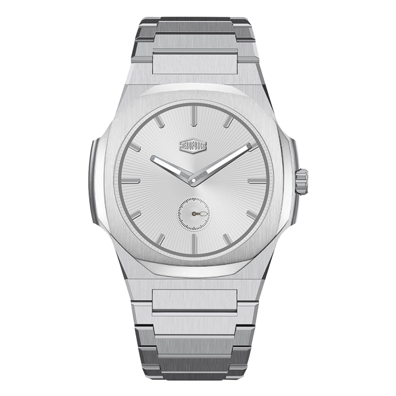 Silver stainless steel wristwatch with minimalist round dial, subtle sunburst finish, silver markers, and small seconds subdial