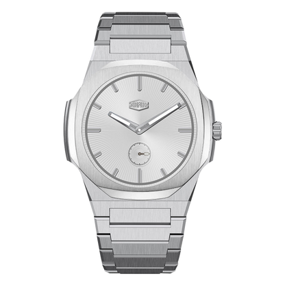 Silver stainless steel wristwatch with minimalist round dial, subtle sunburst finish, silver markers, and small seconds subdial