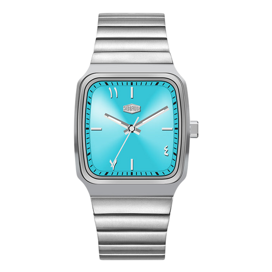 Silver watch with a turquoise face on a white background