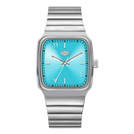 Silver watch with a turquoise face on a white background