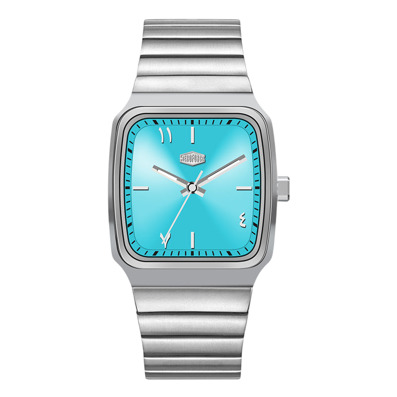 Silver watch with a turquoise face on a white background