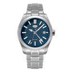Silver watch with blue face on a white background