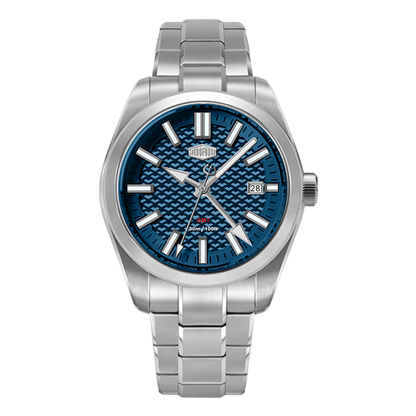 Silver watch with blue face on a white background