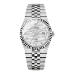 Silver watch with a detailed face on a white background